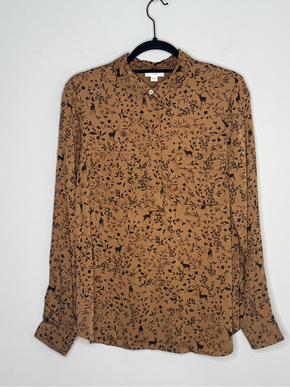 J Jill Soft Luxe Popover Blouse Brown Floral Viscose Long Sleeve Shirt S